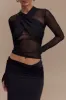 Mesh Ruched Crossed Long-Sleeve Top sold by Micas