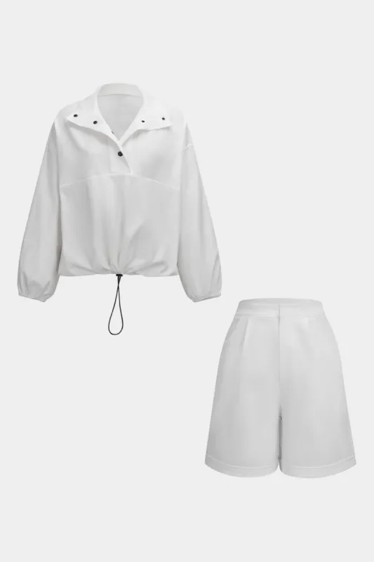 Ruched Drawstring Button Long-Sleeve Top And Shorts Set sold by Micas