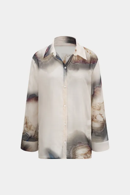 Abstrakt print chiffon knap langærmet skjorte sold by Micas