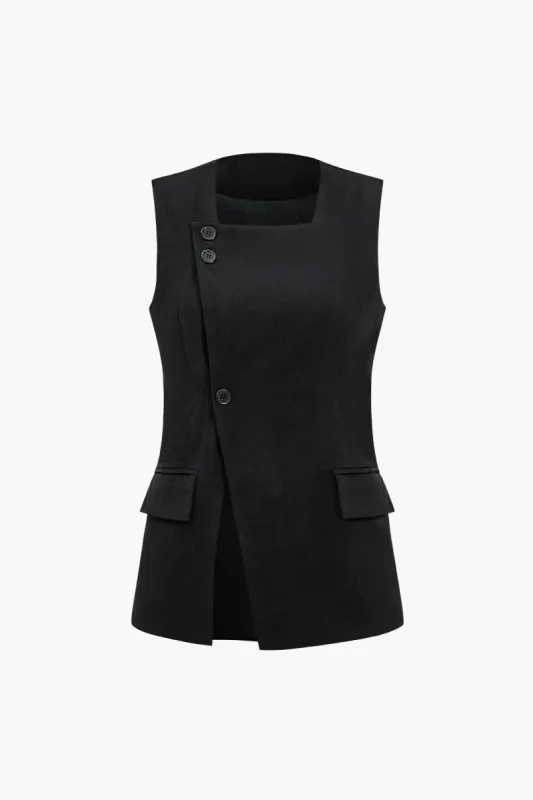 Button Pocket Square Neck Sleeveless Vest sold by Micas