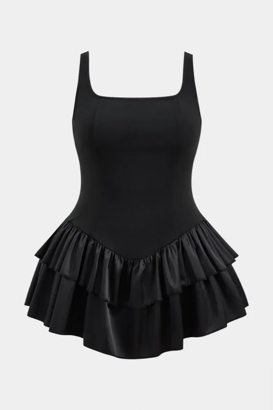 Plus størrelse satin patchwork firkantet hals ærmeløs mini kjole sold by Micas