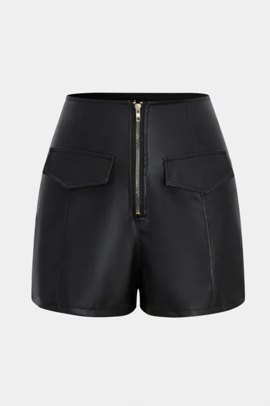 Faux læder høj talje lynlås lomme shorts sold by Micas