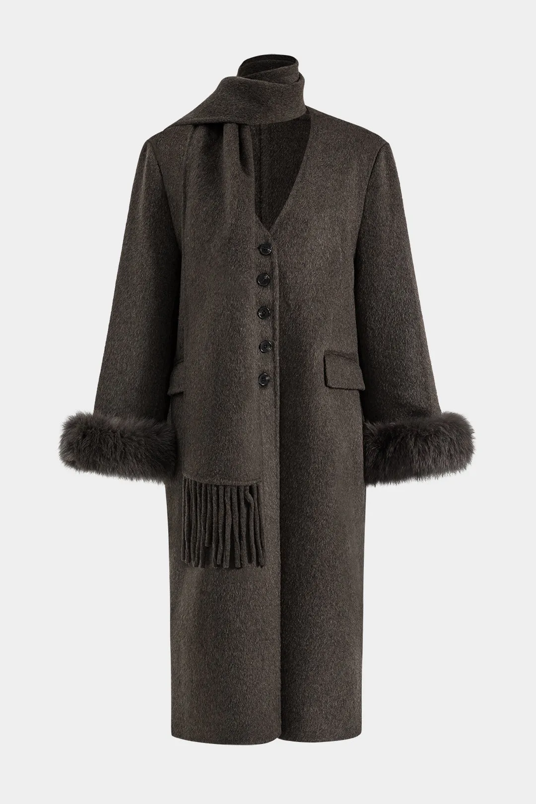 Faux Fur Button Pocket Long-Sleeve Coat With Scarf sold by Micas