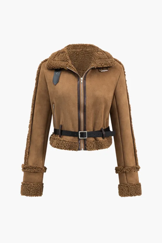 Faux Suede Belted Zipper Long-Sleeve Jacket sold by Micas