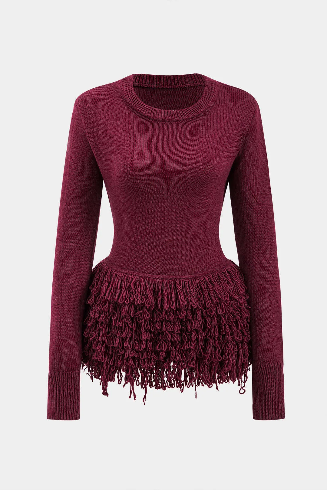 Sweater Fringe Round Neck Long-Sleeve Top sold by Micas