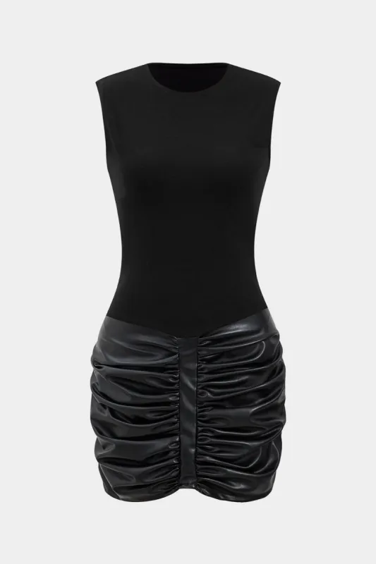Faux Leather Round Neck Patchwork Ruched Sleeveless Mini Dress sold by Micas