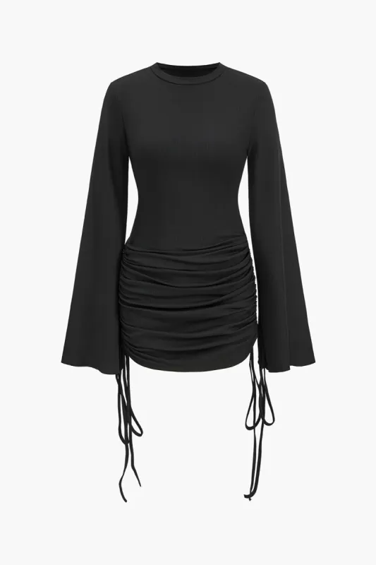 Round Neck Ruched Drawstring Bell Long Sleeve Mini Dress sold by Micas
