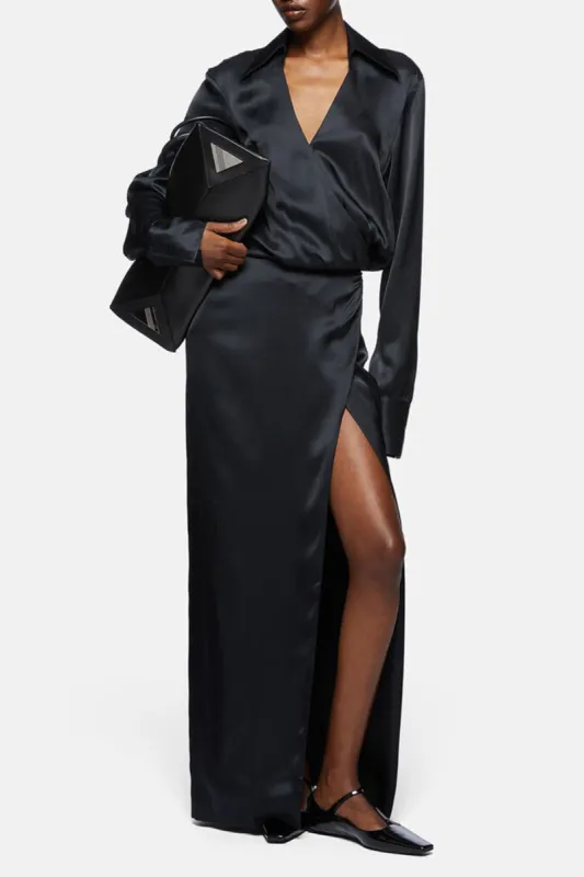Satin Slit V-Neck Long Sleeve Maxi Dress made by Micas