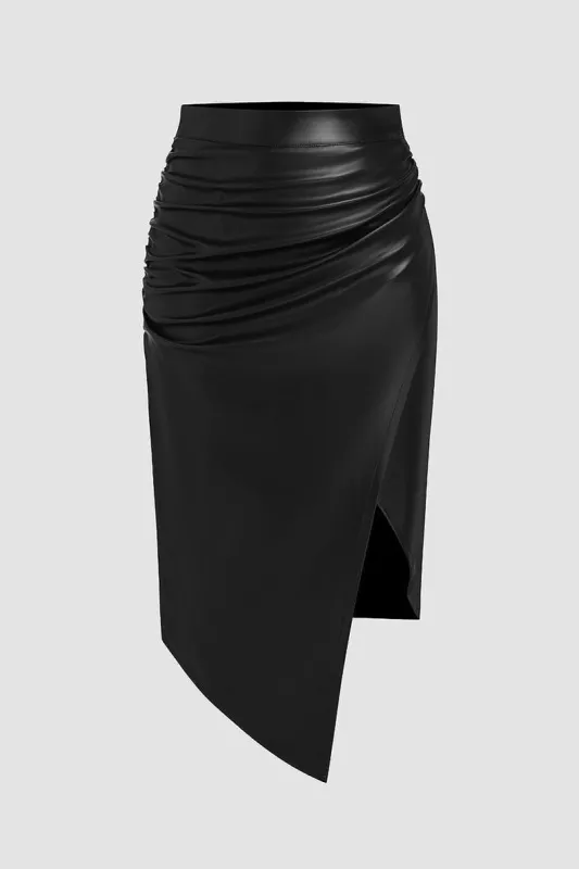 Faux Leather Asymmetrical Ruched Skirt sold by Micas