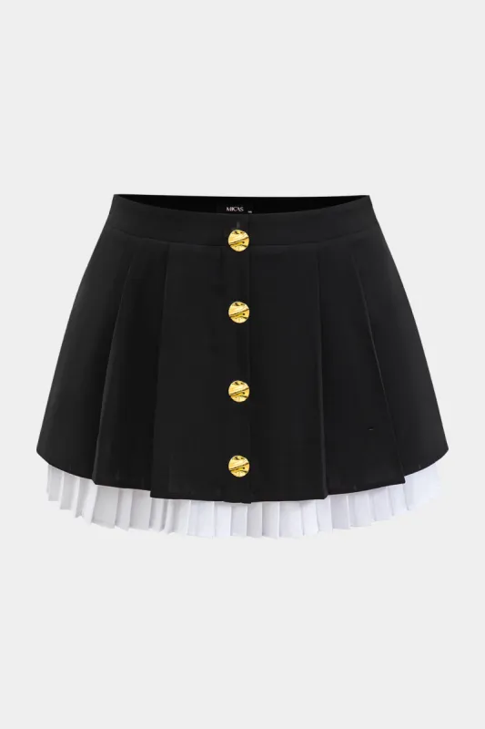Plus Size Button Pleated Patchwork Skirt sold by Micas