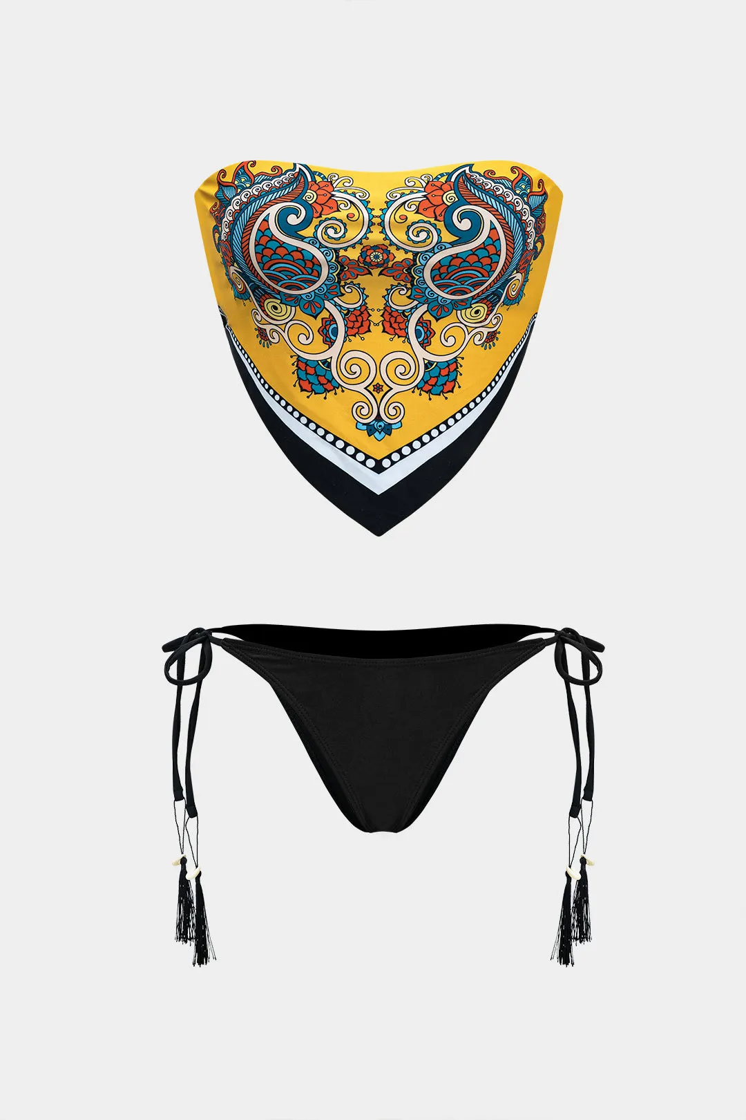 Chinoiserie Print Contrast Color Block Tie-Up Bikini Set sold by Micas