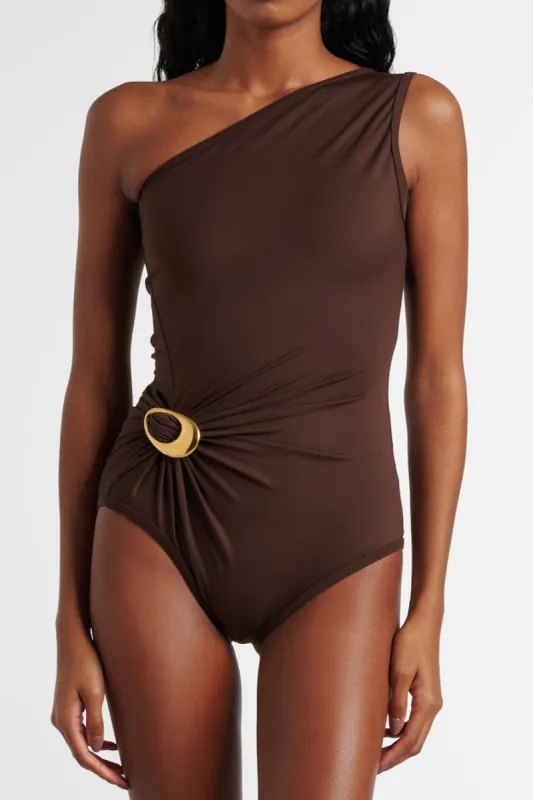 Metal Buckle Ruched One Shoulder Bodysuit sold by Micas