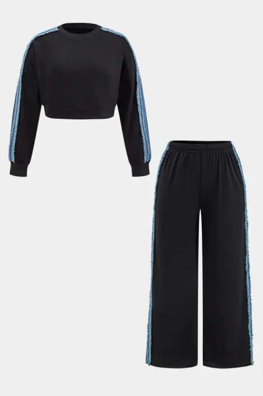 Plus Size Denim Patchwork Detail Top And Pants Set sold by Micas