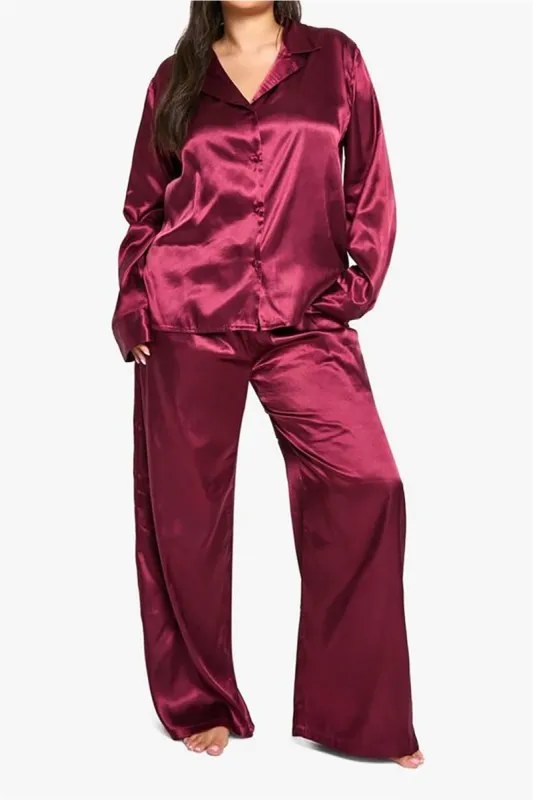 Plus størrelse satin langærmet skjorte og brede benbukser sæt sold by Micas