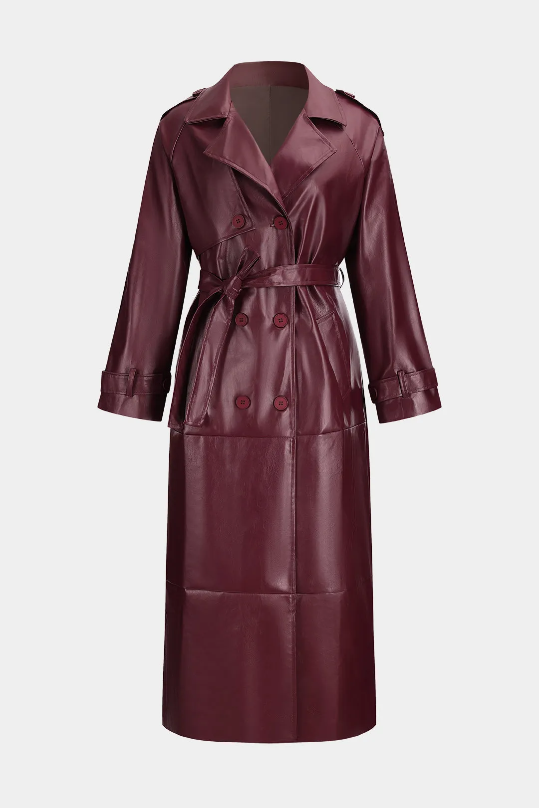 Faux Leather Belted Button Coat sold by Micas