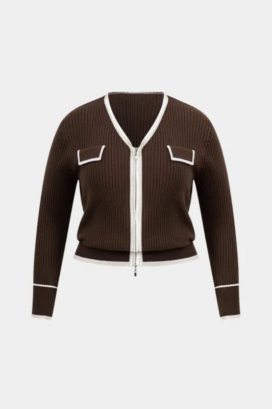 Plus Size Knit Patchwork Zipper Cardigan sold by Micas