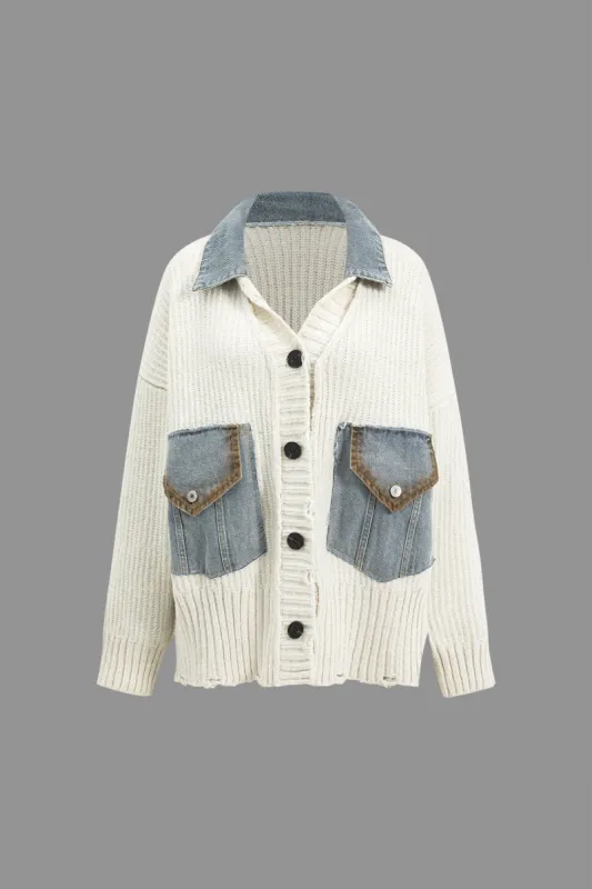 Strik denim patchwork cardigan sold by Micas