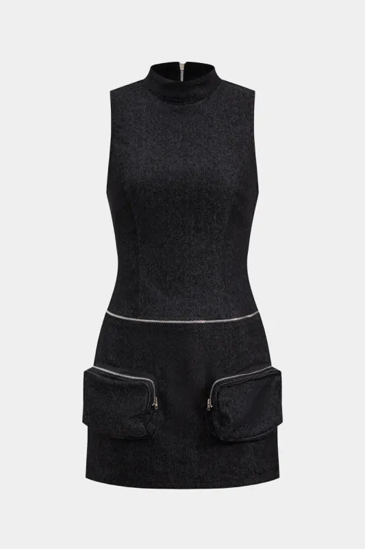 Denim Zipper Detail Pocket Sleeveless Mini Dress sold by Micas