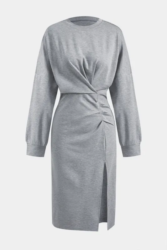 Ruched Slit Round Neck Long Sleeve Midi Dress sold by Micas