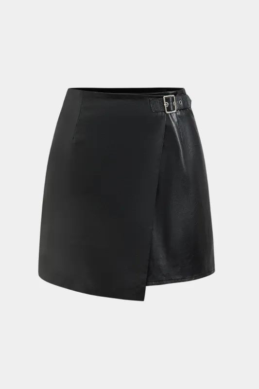 Faux Leather Metallic Buckle Skirt sold by Micas