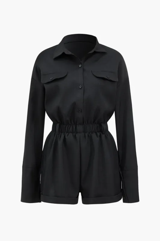 Grundlæggende knap-front lomme langærmet romper sold by Micas