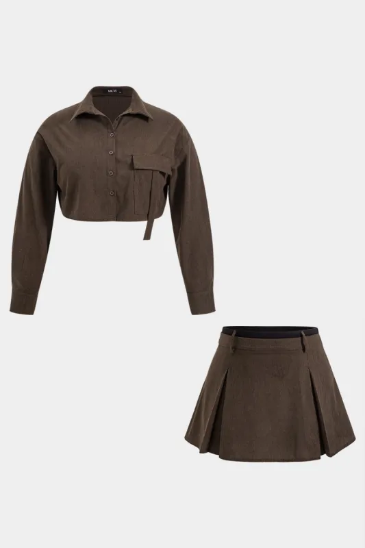 Plus Size Pocket Long-Sleeve Top And  High Waist Skirt Set made by Micas