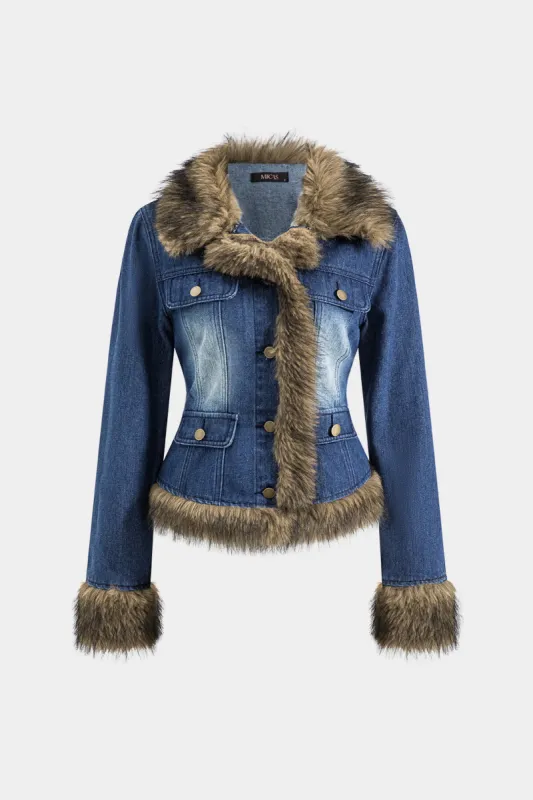 Denim Faux Fur Patchwork Jacket sold by Micas