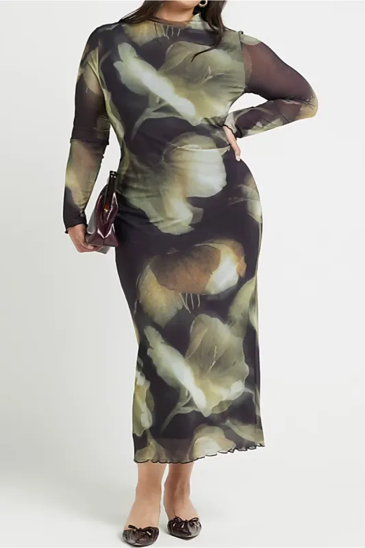 Plus størrelse blomsterprint mesh rund hals langærmet maxi kjole sold by Micas