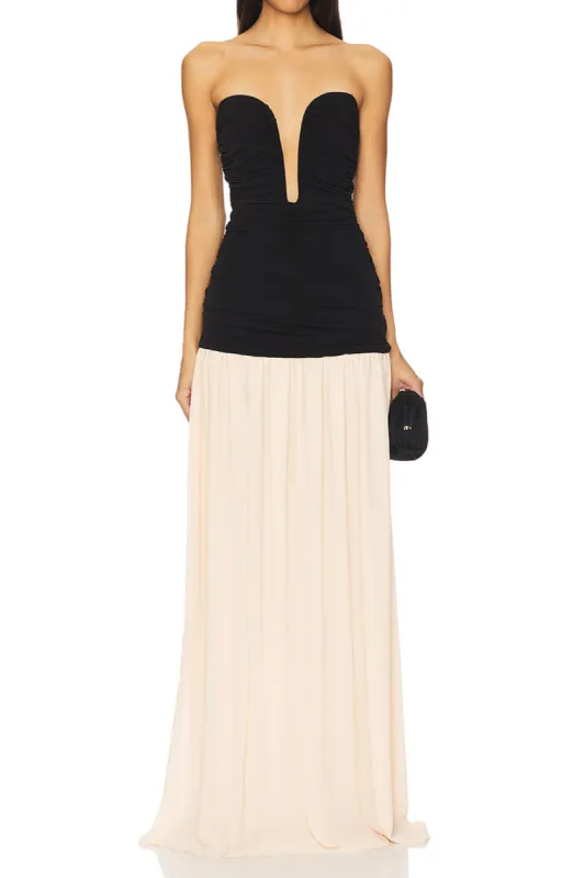 Pleated Patchwork Slit Ruched Strapless Maxi Dress sold by Micas