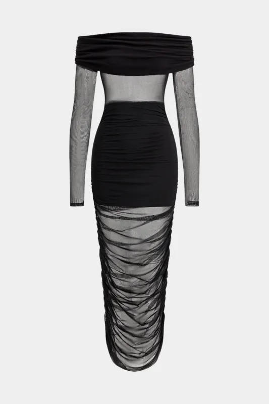 Mesh Patchwork Ruched Off Shoulder Long Sleeve Maxi Dress sold by Micas
