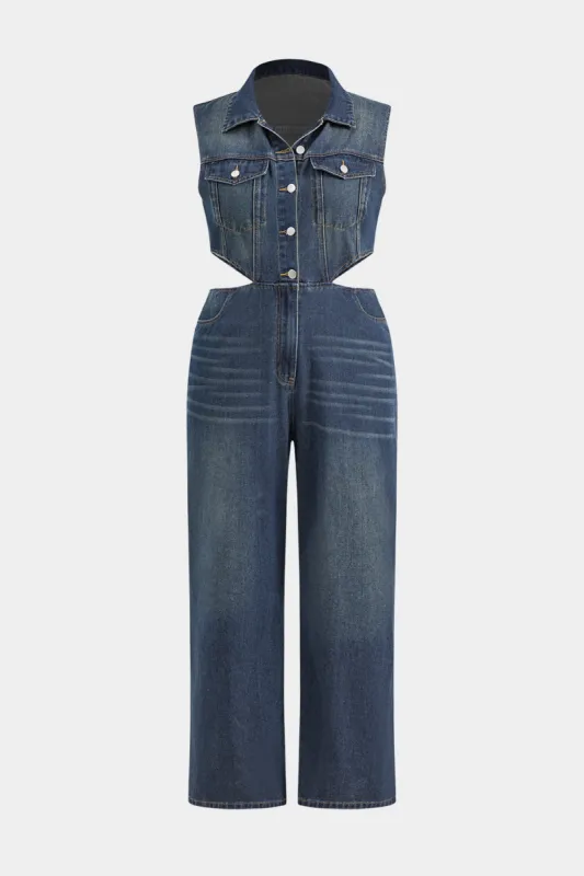Plus Size Denim Button High Waist Pocket Wide Leg Sleeveless Jumpsuit sold by Micas