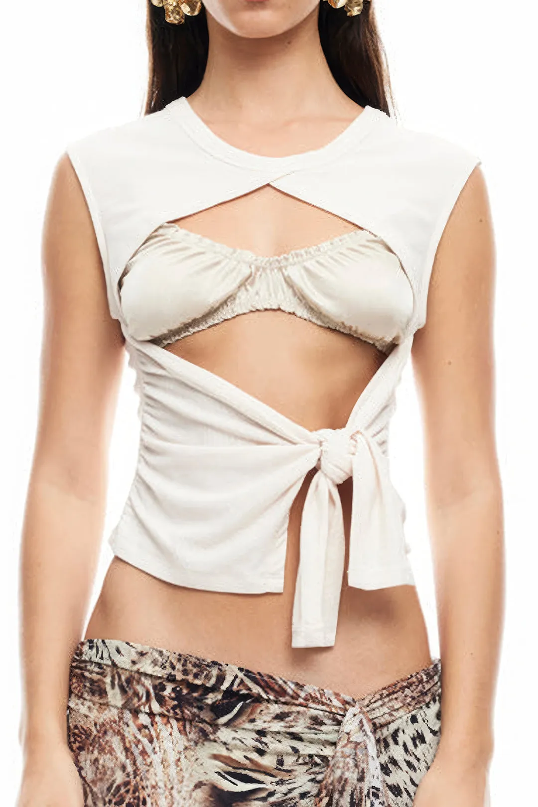 Tie Front Cut Out Ruched Round Neck Tank Top sold by Micas