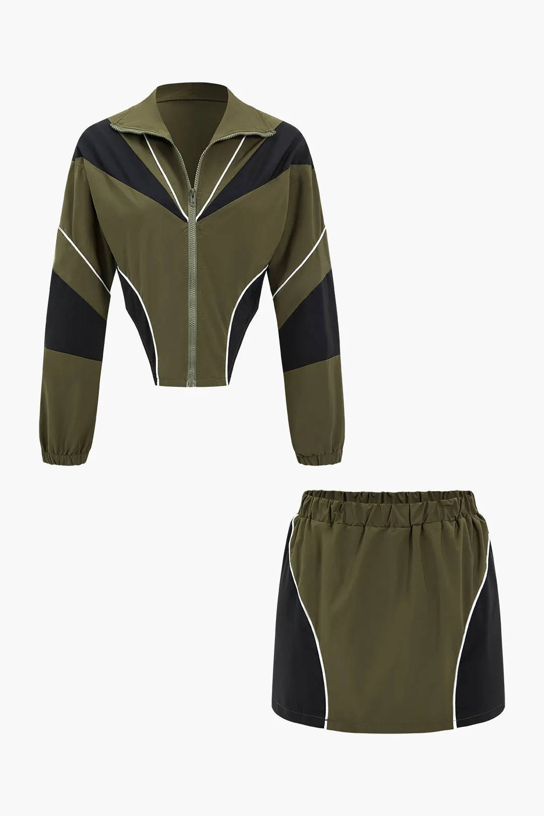 Kontrast patchwork lynlås langærmet top og nederdel sæt sold by Micas