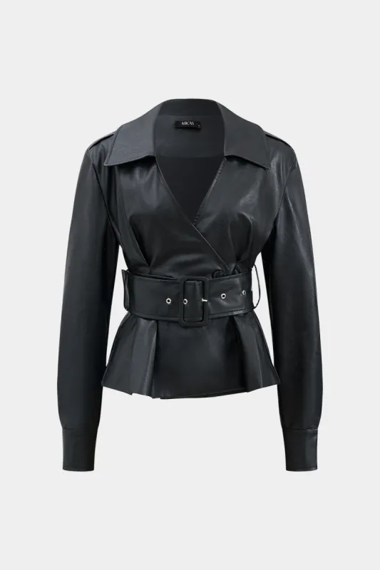 Faux Leather Button Belted Jacket sold by Micas