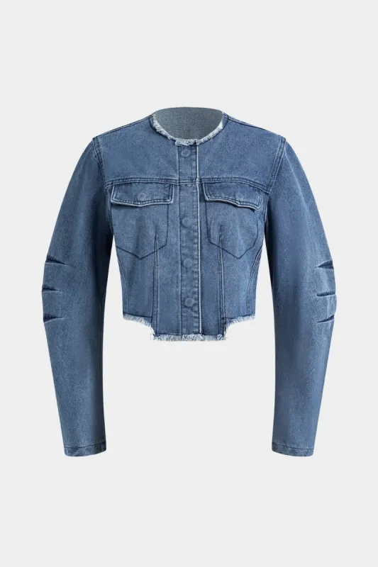 Denim Patchwork Button Round Neck Pocket Outerwear sold by Micas