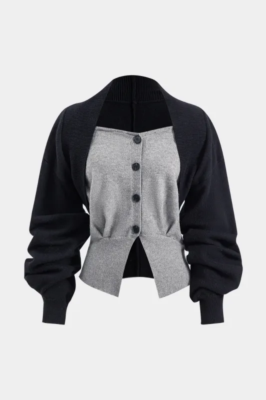 Knit Button Patchwork Long-Sleeve Top sold by Micas