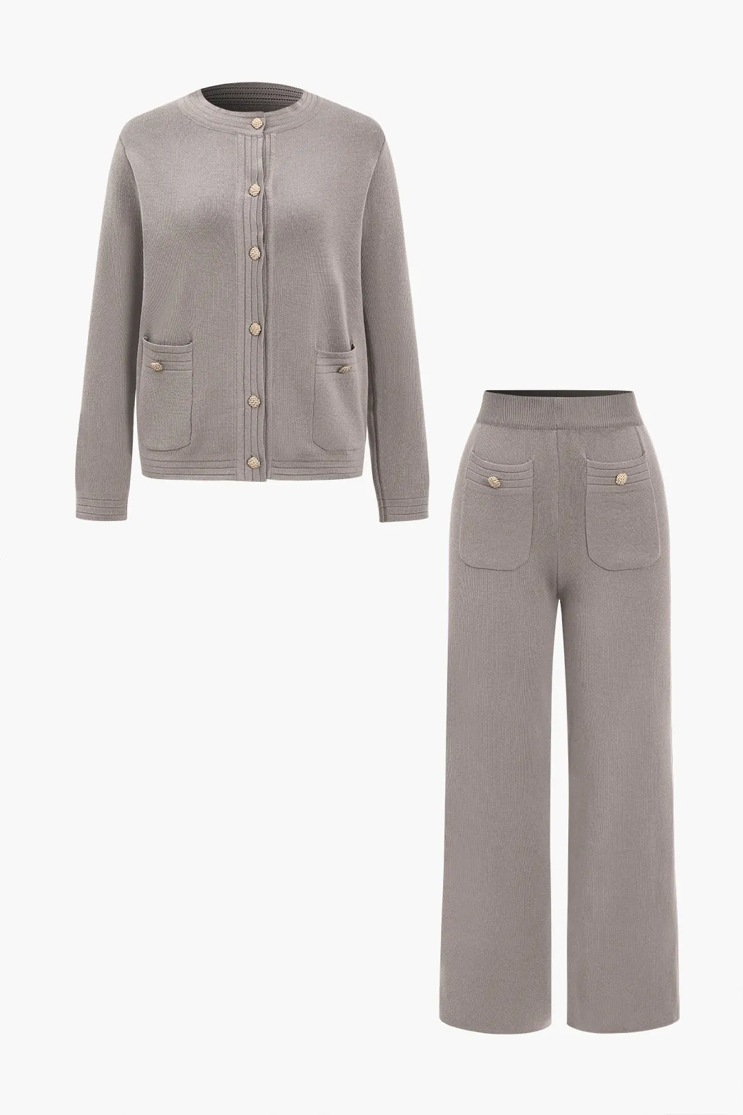 Sweater Button Pocket Round Neck Long-Sleeve Cardigan And Trousers Set sold by Micas