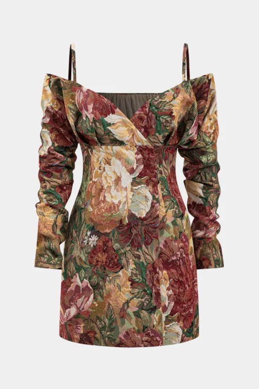 Jacquard Ruched Zipper Slip Long Sleeve Mini Dress sold by Micas