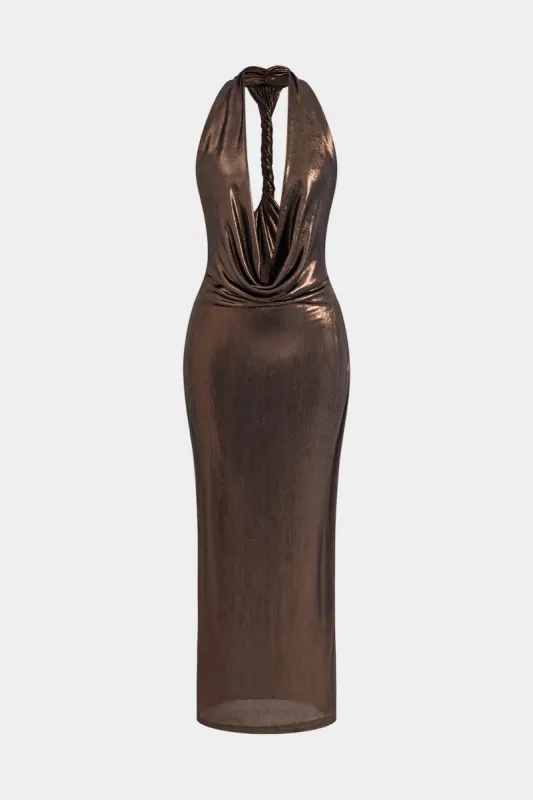 Halter Cowl Neck Backless Twist Maxi Dress sold by Micas