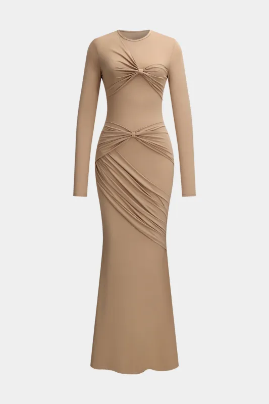 Ruched Bow Round Neck Langærmet maxi kjole sold by Micas