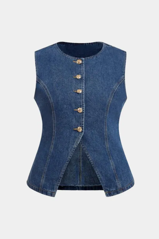 Plus størrelse denim knap rund hals kortærmet vest sold by Micas