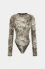 Abstract Print Mesh Round Neck Long Sleeve Bodysuit sold by Micas