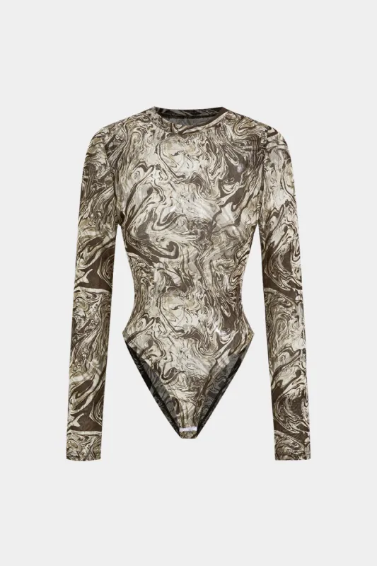 Abstract Print Mesh Round Neck Long Sleeve Bodysuit sold by Micas