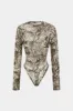 Abstract Print Mesh Round Neck Long Sleeve Bodysuit sold by Micas