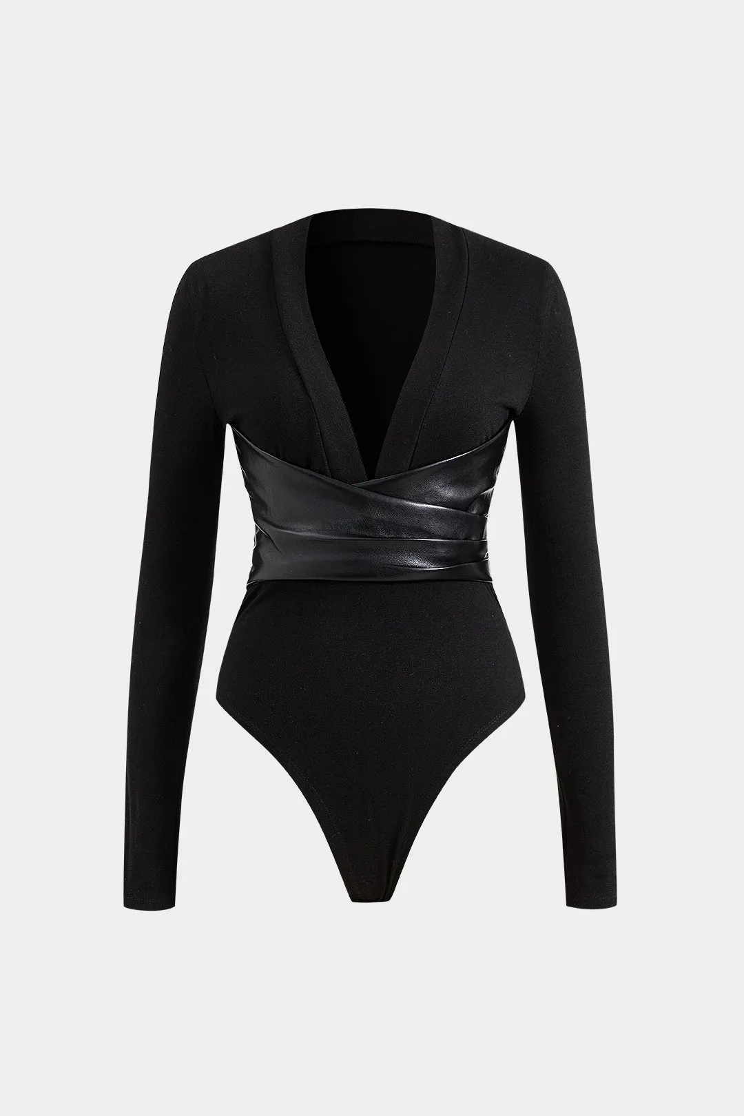 Faux læder krydsede v-hals langærmet bodysuit sold by Micas