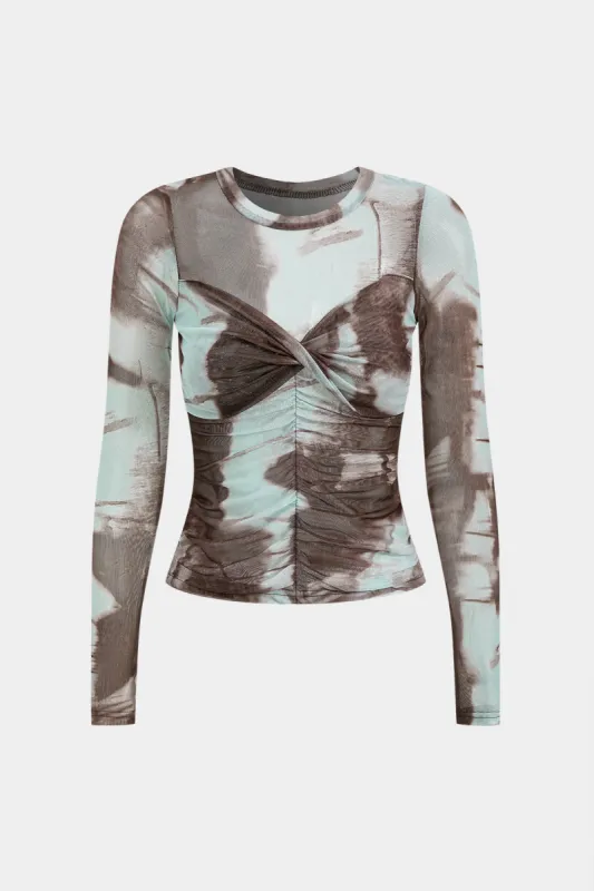 Tie farvestofprint mesh twist langærmet top sold by Micas