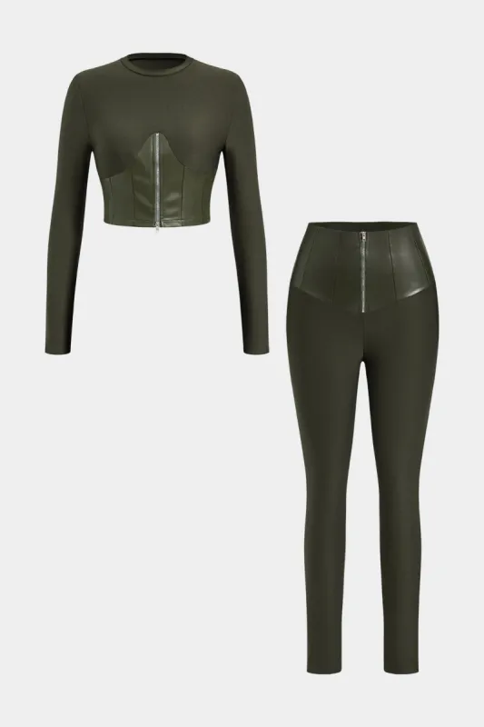 Faux Leather Patchwork Zipper Long Sleeve Top And Trousers Set sold by Micas