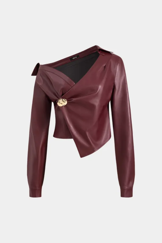 Faux Leather Metallic Asymmetrical Neck Long Sleeve Jacket sold by Micas