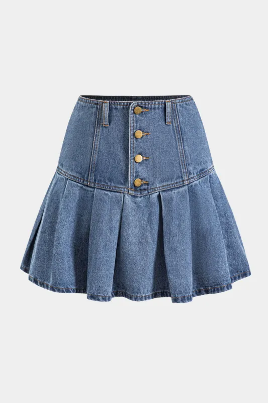 Denim Pleated Button Skirt sold by Micas