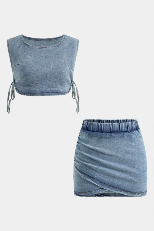 Denim side spalte bind beskåret top ruched asymmetrisk nederdel sold by Micas